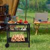 Outdoor Grill Cart Three-Shelf Grill Table, Movable BBQ Trolley Food Prep Cart with Two Wheels & Hooks, Black