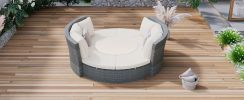 TOPMAX Patio 5-Piece Round Rattan Sectional Sofa Set All-Weather PE Wicker Sunbed Daybed with Round Liftable Table and Washable Cushions for Outdoor B